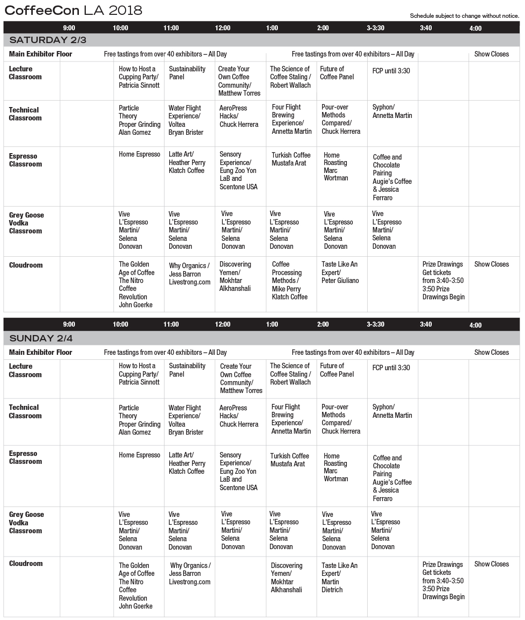 CoffeeConLA 2018 Class Schedule