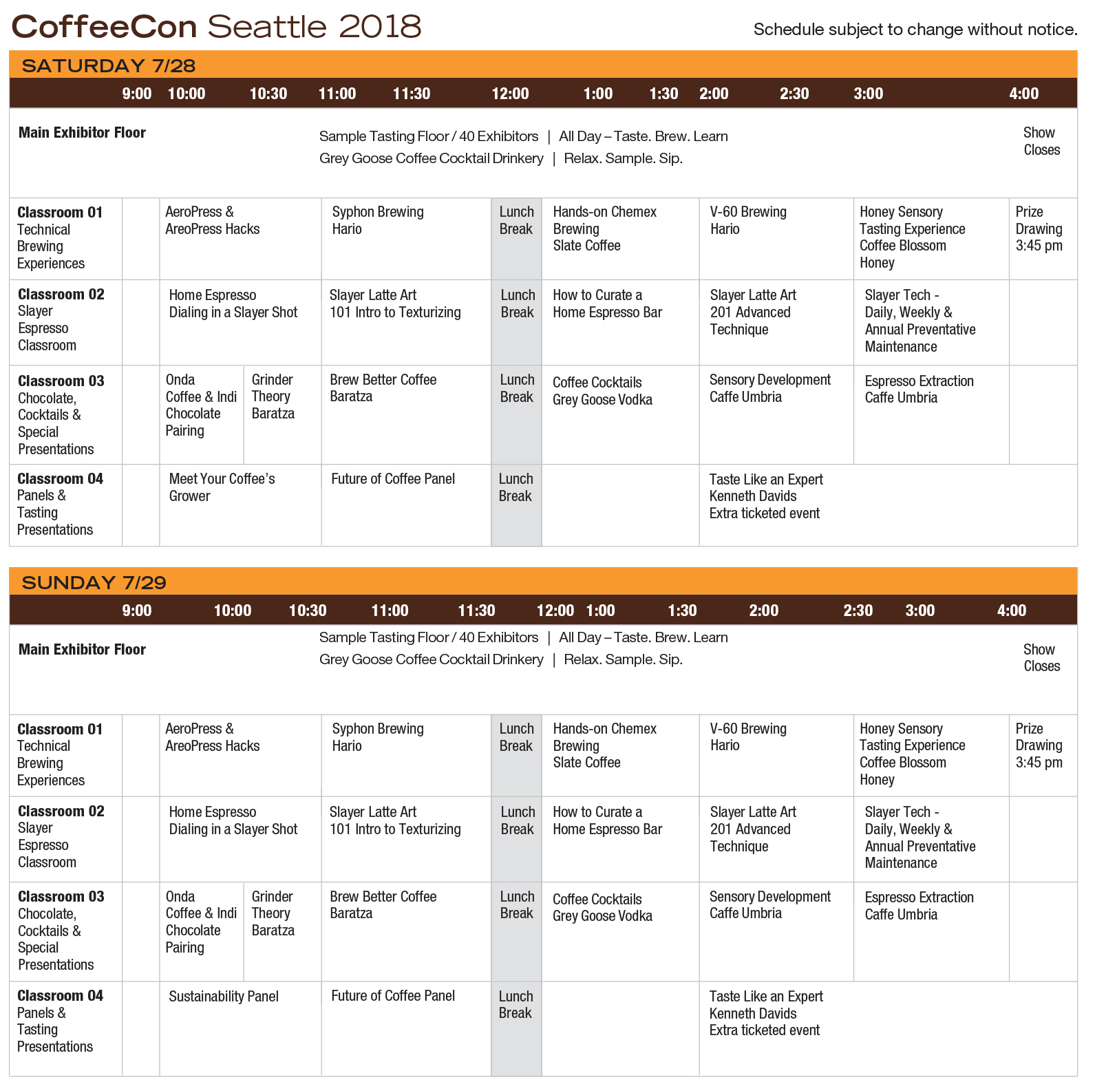 CoffeeConSeattle 2018 Class Schedule